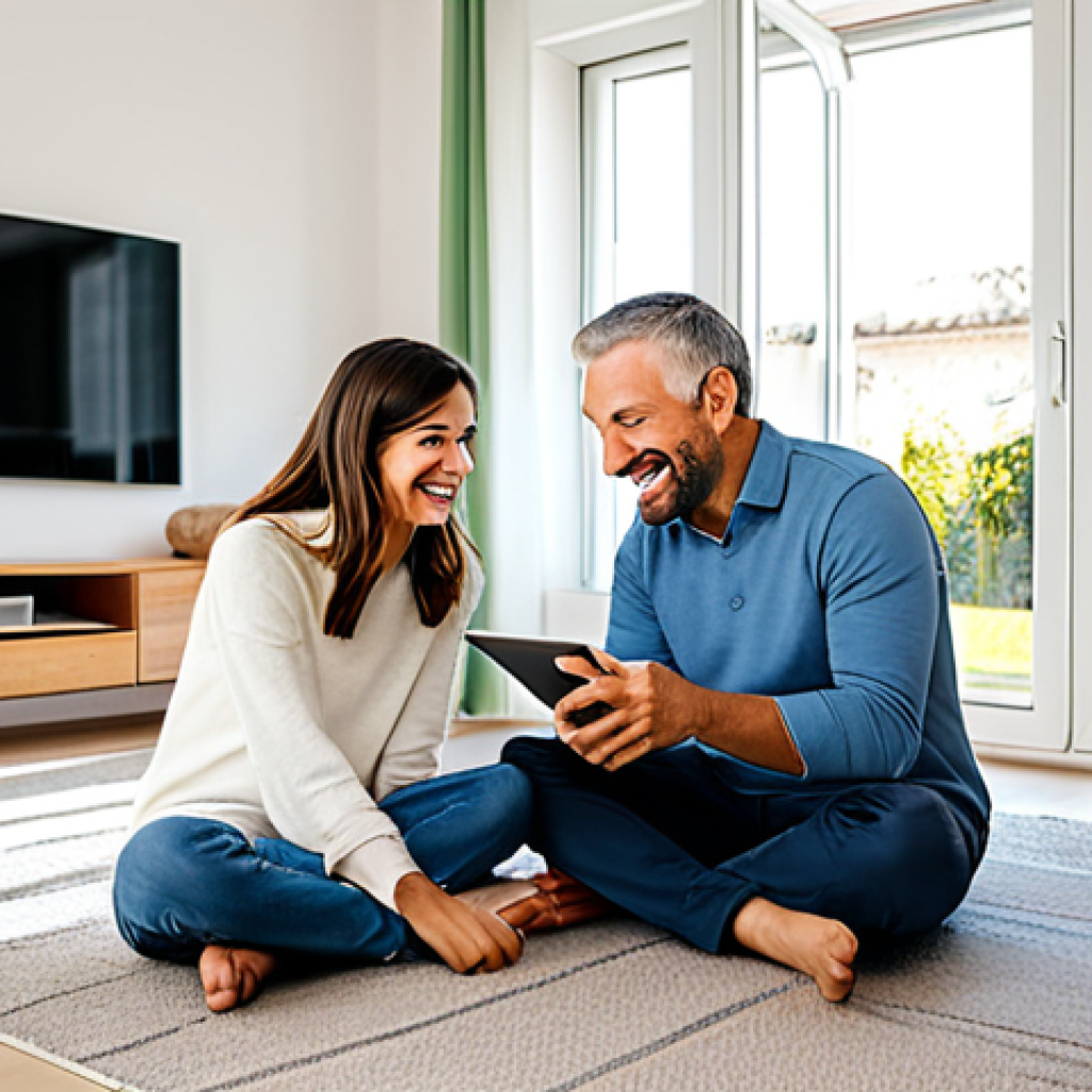 A family (mother, father, and a child) comfortably seated in a bright, modern living room of their Italian home. The father is looking at a tablet displaying a simplified diagram of a geothermal heat pump system. They are all smiling, conveying a sense of warmth and well-being. The room features elegant, minimalist decor, with natural light streaming through large windows. fully clothed, appropriate casual attire, modest clothing, perfect anatomy, correct proportions, natural pose, well-formed hands, proper finger count, natural body proportions, professional photography, high quality, soft natural lighting, safe for work, appropriate content, family-friendly.
