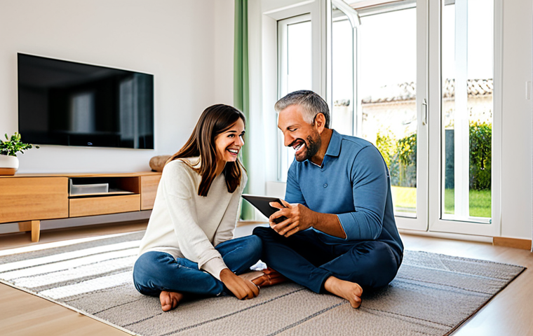 A family (mother, father, and a child) comfortably seated in a bright, modern living room of their Italian home. The father is looking at a tablet displaying a simplified diagram of a geothermal heat pump system. They are all smiling, conveying a sense of warmth and well-being. The room features elegant, minimalist decor, with natural light streaming through large windows. fully clothed, appropriate casual attire, modest clothing, perfect anatomy, correct proportions, natural pose, well-formed hands, proper finger count, natural body proportions, professional photography, high quality, soft natural lighting, safe for work, appropriate content, family-friendly.