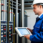 **Prompt:** A qualified technician in professional attire, inspecting hydraulic circuits of a geothermal system. Focus on the clean pipes and monitoring equipment. Background: A well-lit, modern utility room. safe for work, appropriate content, fully clothed, perfect anatomy, correct proportions, professional.