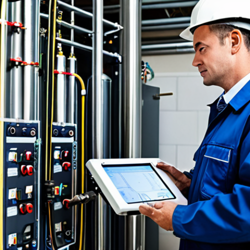 **Prompt:** A qualified technician in professional attire, inspecting hydraulic circuits of a geothermal system. Focus on the clean pipes and monitoring equipment. Background: A well-lit, modern utility room. safe for work, appropriate content, fully clothed, perfect anatomy, correct proportions, professional.