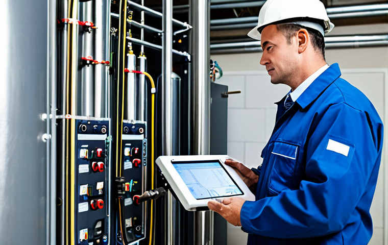 **Prompt:** A qualified technician in professional attire, inspecting hydraulic circuits of a geothermal system. Focus on the clean pipes and monitoring equipment. Background: A well-lit, modern utility room. safe for work, appropriate content, fully clothed, perfect anatomy, correct proportions, professional.