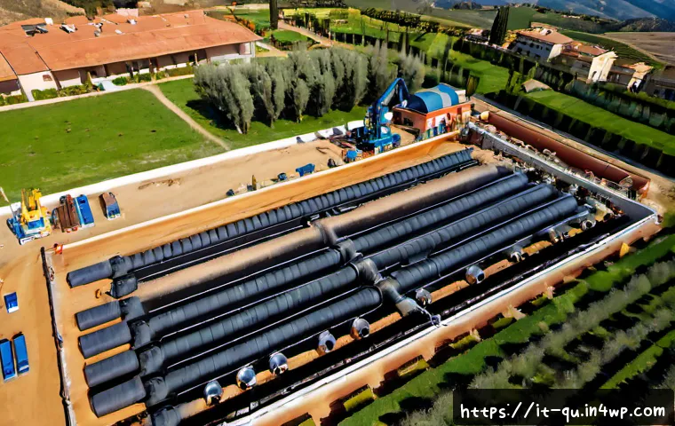 Home 26 지열 냉난방 시스템의 인프라 구축 방안 - Photorealistic aerial view of geothermal heating and cooling infrastructure being installed beside a...