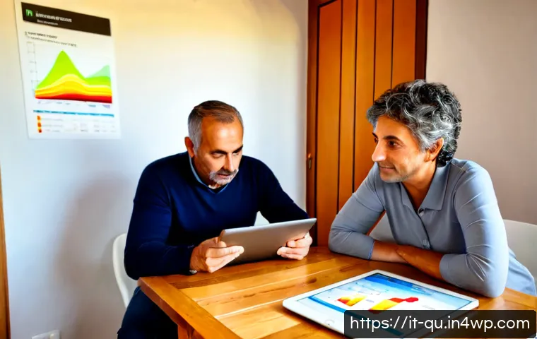 Home 31 지열 냉난방 시스템의 에너지 비용 예측 - Photorealistic Italian family home energy planning scene, an Italian couple in their 50s seated at a...